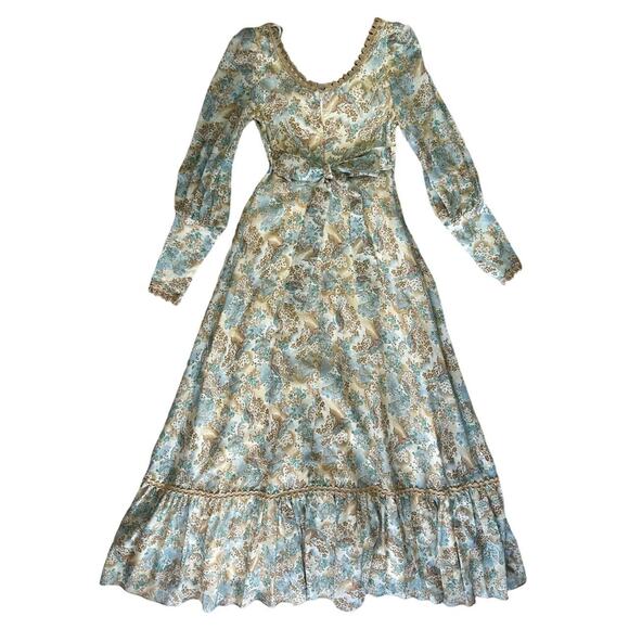 70s vintage prairie dress victorian cream green blue lace - Picture 3 of 6